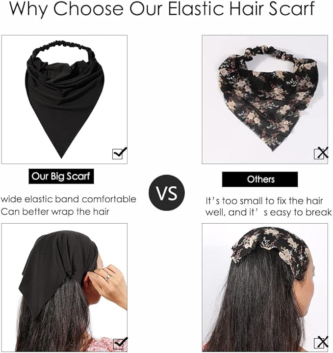 6 Pack Hair Scarf Headband for Women Elastic Bandana Head Scarf Large Boho Triangle Kerchief with Clips Non Slip Scarves