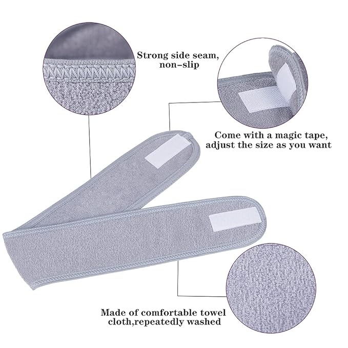 Facial Spa Headbands 4 PCS , Makeup Shower Bath Wrap Sport Headband Terry Cloth Stretch Towel with Magic Tape (Gray)