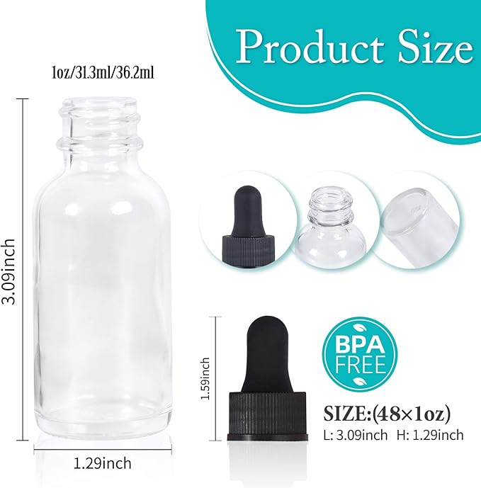 2 oz Dropper Bottle 48 Pack Clear Glass Boston Bottles 60ml with Eye Droppers Black Caps for Essential Oils, Perfume, Leak Proof Travel Bottles for Liquids