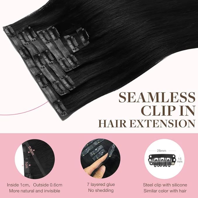 GOO GOO Clip in Hair Extensions Real Human Hair, Remy Human Hair Extensions Clip ins for Women, Natural Human Hair, 20inch 110g 7Pcs, 1 Jet black