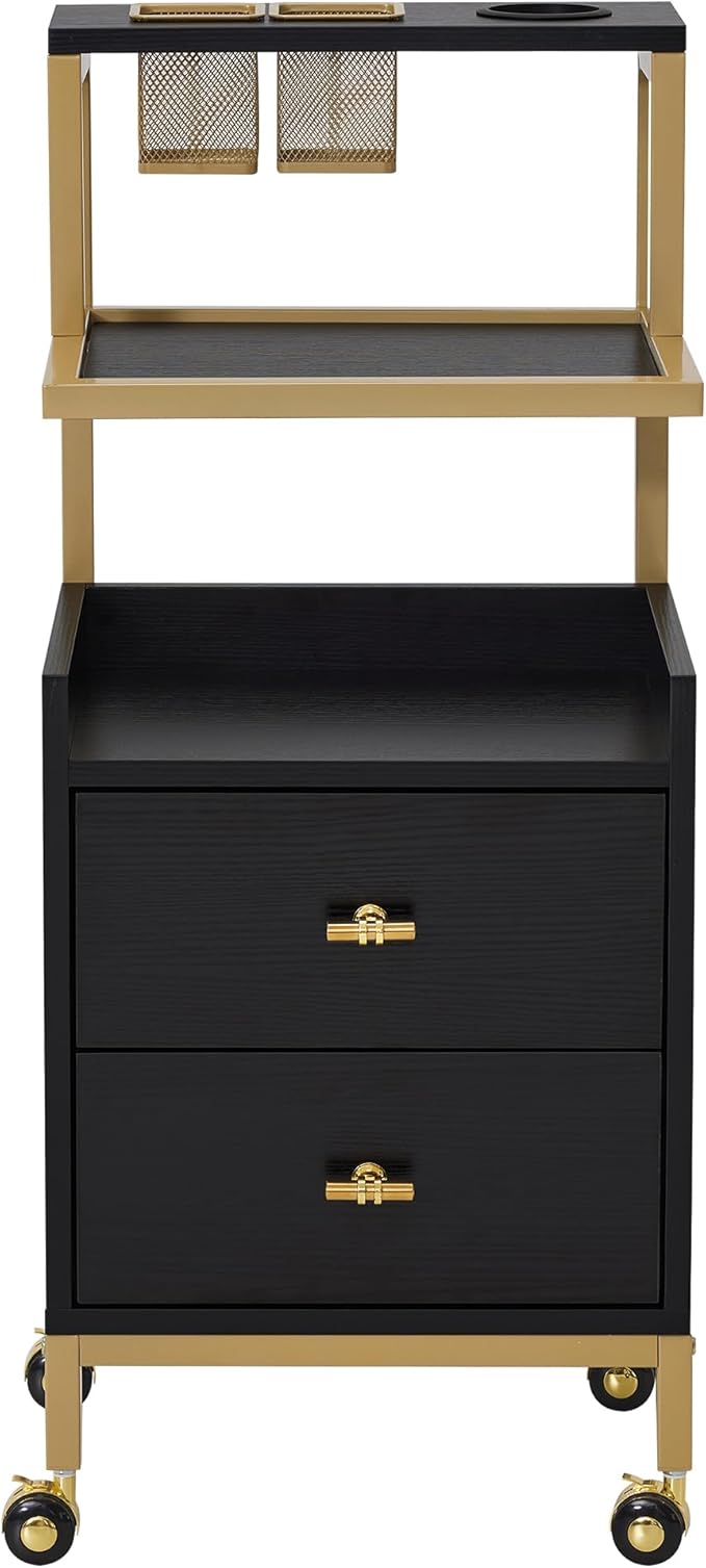 BarberPub Rolling Salon Cart with Storage Drawers, Barber Trolley with Metal Tool Holder & Basket, Beauty Salon Equipment for Hair Stylist 2084 (Black)