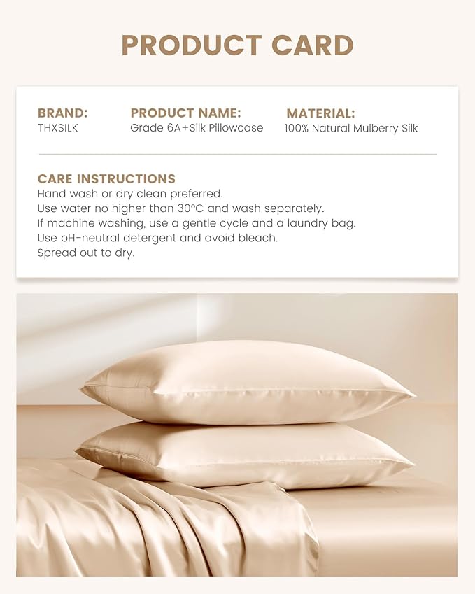 THXSILK Set of 2 100% Mulberry Silk Pillowcase for Hair and Skin, Grade 6A+ Mulberry Silk Pillow Cases Ultra-Soft, Hypoallergenic Pillow Case Cover with Zipper (California King 20"x40", Beige)