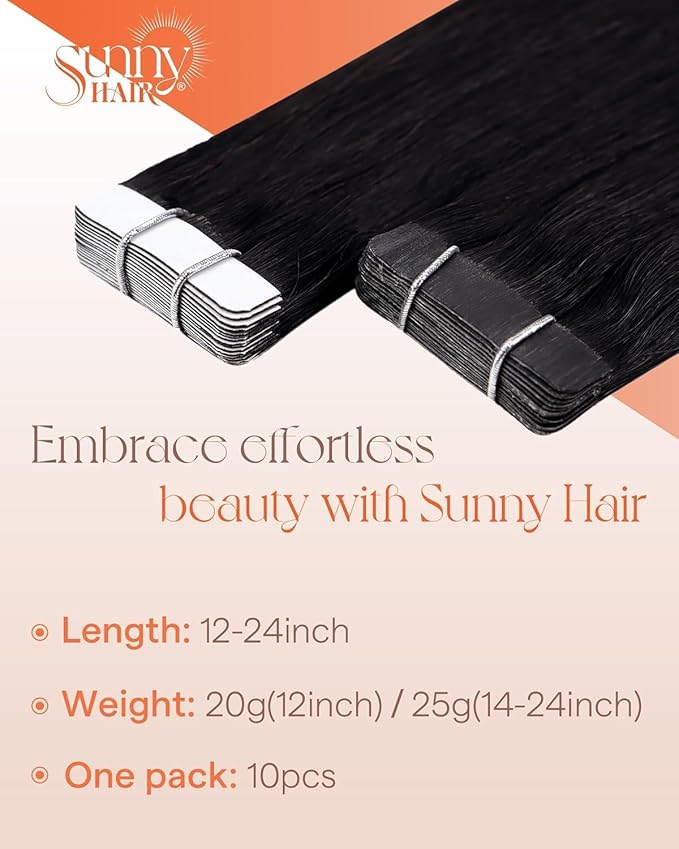 Sunny Hair Tape in Hair Extensions Real Human Hair Invisible Remy Hair Extensions Tape ins for Women Jet Black 18 inch 25G