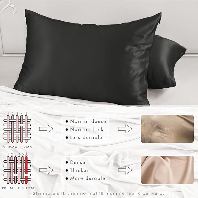 PROMEED 23 Momme Silk Pillowcase 2 Pack with Zipper, 3rd Gen Grade 6A+ 100% Mulberry Silk Pillow Case Set of 2, Cooling Pillow Cases for Hot Sleepers (Queen 20"x30", Black)