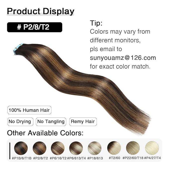 SUYYA Tape in Hair Extensions Human Hair Balayage Darkest Brown to Light Brown 18 Inch 50g/pack 20pcs Straight Seamless Skin Weft Tape in Real Human Hair Extensions(18inch #P2/8/T2)