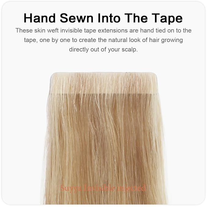 SUYYA Invisible Tape in Hair Extensions Human Hair Seamless Injected Hand-Tied Pro Quality Virgin Human Hair Tape Ins Ash Blonde Highlighted Bleach Blonde 20PCS 40G/Pack Straight(14 inch #P18/613)