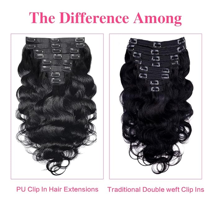 Seamless Body Wave Seamless Clip In Hair Extensions Real Human Hair PU Weft Body Clip Ins 100% Unprocessed Human Hair Extensions 8pcs with 18Clips Per Set 120g(14inch)