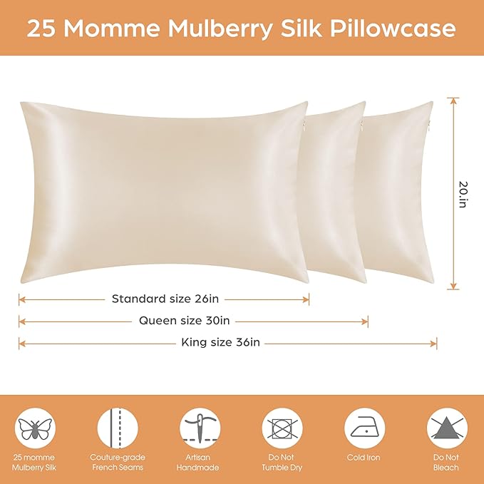 Silk Pillowcase for Hair and Skin, 2 Pack 100% Mulberry Silk Pillowcase 25 Momme, 600 Thread Count, Both Side Pure Silk Pillow Cover with Hidden Zipper (Beige, Queen 20''×30'')