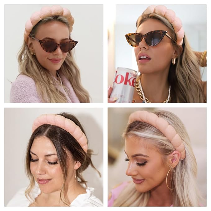 Spa Headbands for Washing Face or Makeup, Sponge Bubble Skincare Headbands, Puffy Terry Cloth Hairband for Women, Skin Care Makeup Headwear Hair Accessories for Girls(Khaki)