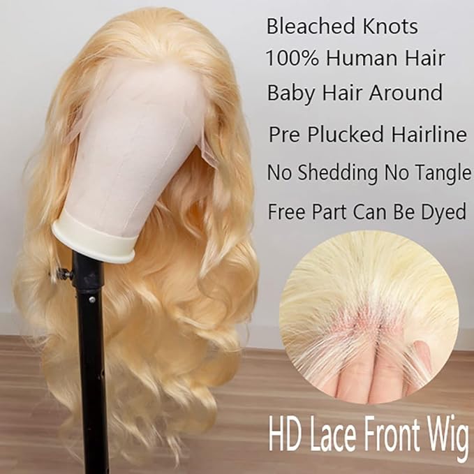613 Blonde Human Hair Wigs 13X6 HD Transparent Lace Front Body Wave Wigs with Baby Hair for Black Women Pre Plucked Brazilian Virgin Hair Wig 180% Density 14 Inch