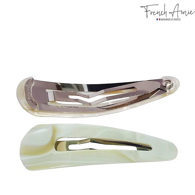 French Amie Clic Clac Ivory Large 2 3/4" Cellulose Handmade in France Set of 2 Snap Hair Pin Clips for Women and Girls