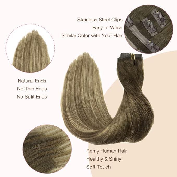 GOO GOO Clip in Hair Extensions Real Human Hair, Remy Human Hair Extensions Clip ins for Women, Natural Human Hair, 16inch 110g 7Pcs, 3/8/613 Balayage Walnut Brown to Ash Brown and Bleach Blonde