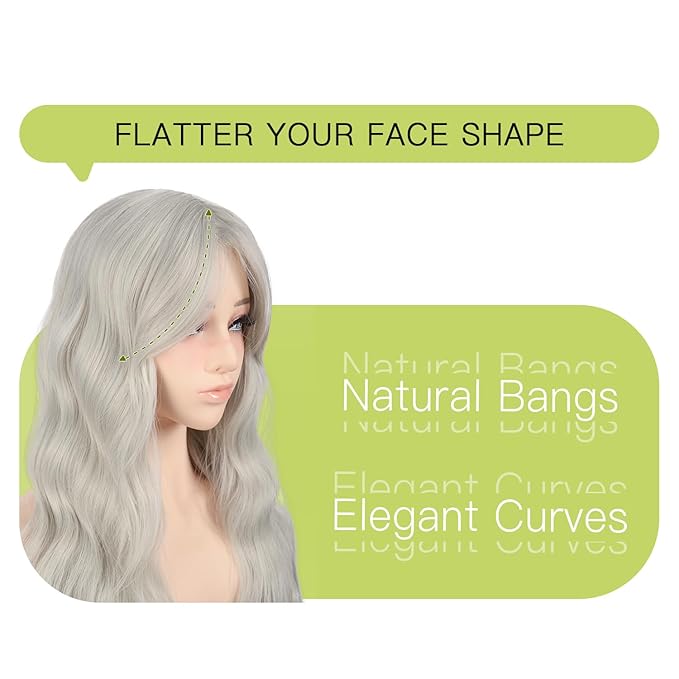 Long Wavy Gray Wig with Curtain Bangs for Women 26 Inch Silver Gray Synthetic Wig Natural Looking Heat Resistant Fiber Hair Wigs for Daily Party Halloween Cosplay Use
