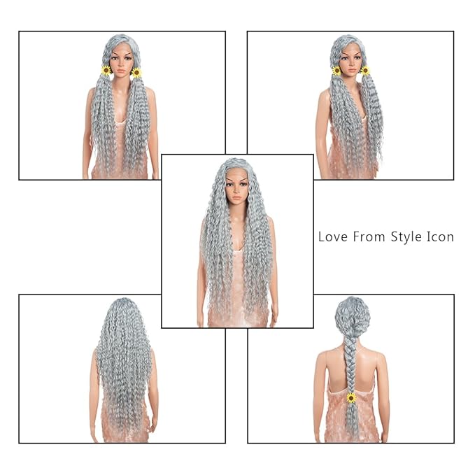 Style Icon 36”Super Long Curly Wig C-Shaped Side Part Lace Wig Afro Baby Hair Synthetic Blue Wig （36 Inches, GBLUE12 ）