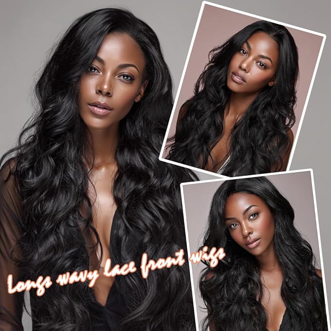 Long Black Synthetic Lace Front Wig Heat Resistant Body Wave Lace Front Wavy Wigs Free Part Natural Hair Wig for Women 24 Inch Fashion Glueless (24 Inch)
