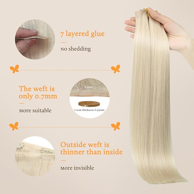 DOORES Seamless Clip in Human Hair Extensions, Platinum Blonde 24 Inch 7pcs 160g, Clip in Hair Extensions Straight Thin Weft Natural