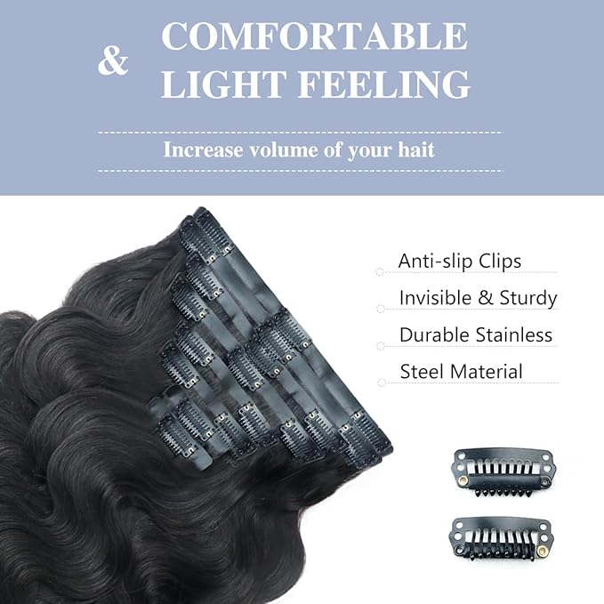 2 Pack 240g Body Wave Seamless Clip in Hair Extensions 16Pcs Full Head 15A Real Human Hair Clip ins with PU Skin Weft 24inch Natural Black