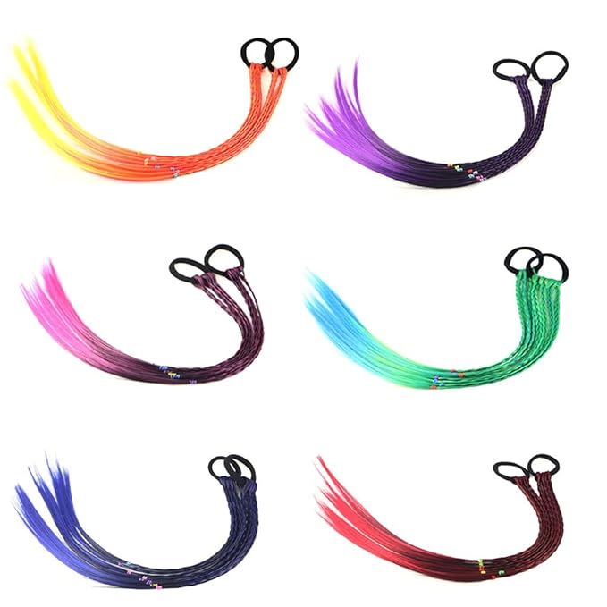 Colored Braids Hair Extensions with Rubber Bands Rainbow Braided Synthetic Hairpieces Ponytail Hair Accessories for Women Kids Girls Party Highlights Cosplay Dress Up (12PCS B Style)