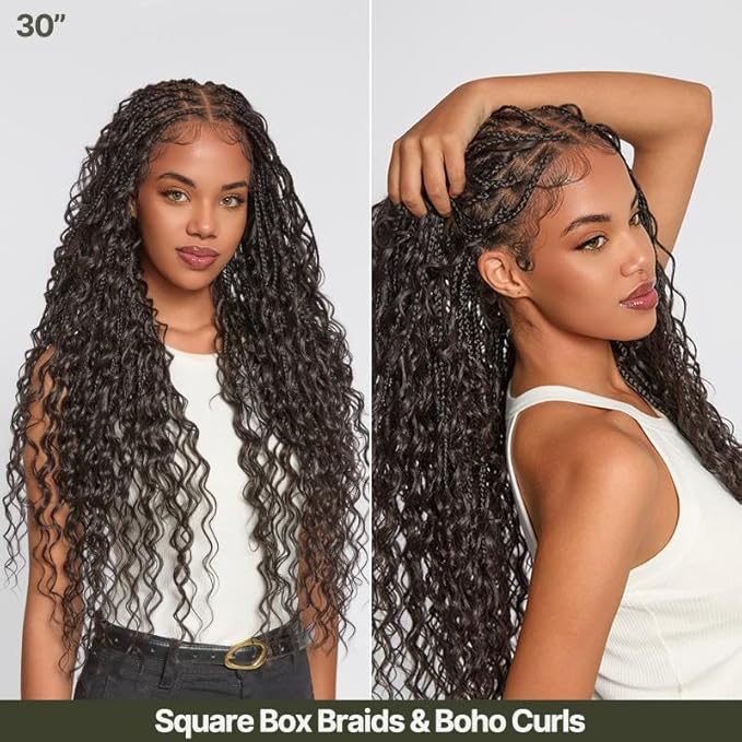 Frodio Braided Wig Veralux™ Fiber Full Lace Boho Curly Water Wave Synthetic Box Braided Wigs For Black Women Salon-Level 200% Density Bohemia Natural Scalp 30 Inches