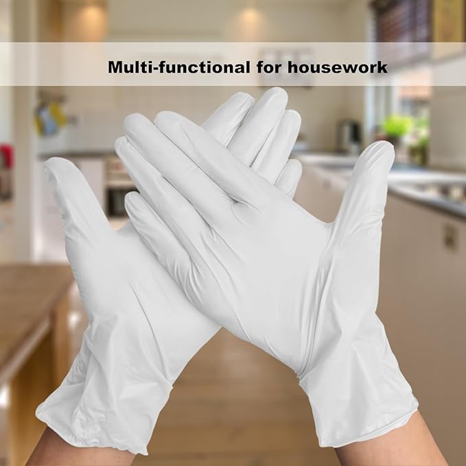 Disposable Gloves Medium, Nitrile and Vinyl Blend Material Gloves, Latex Free, 4 Mil 200 Pc Food Grade Glove for Cleaning, Food Prep, Hair Dye, Tattoo, White