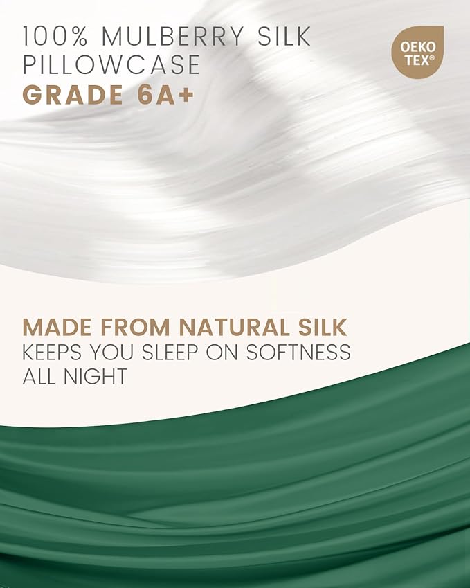 THXSILK Set of 2 100% Mulberry Silk Pillowcase for Hair and Skin Health, Soft Breathable and Smooth Pillowcases with Hidden Zipper, Both Sides Premium Grade 6A+ Silk, Body Size 20"x54", Green