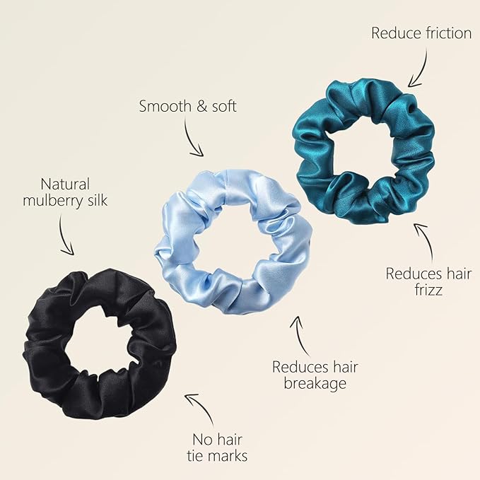 ZIMASILK 100% Mulberry Silk Hair Scrunchies – 19 Momme Elastic Silk Hair Ties for Women & Girls, Gentle No-Tug (3 Pack, Light Blue, Black, Peacock Blue)