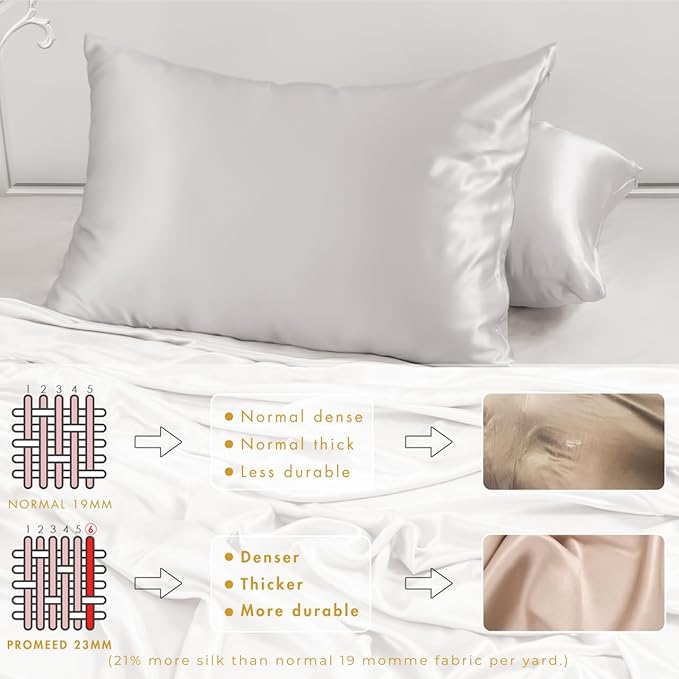 PROMEED 23 Momme Kids Silk Pillowcase 2 Pack with Free Laundry Bag, Natural Grade 6A+ Mulberry Silk Travel Toddler Pillow Case Set of 2, Zipper (Toddler/Travel 13"x18", Light Grey)