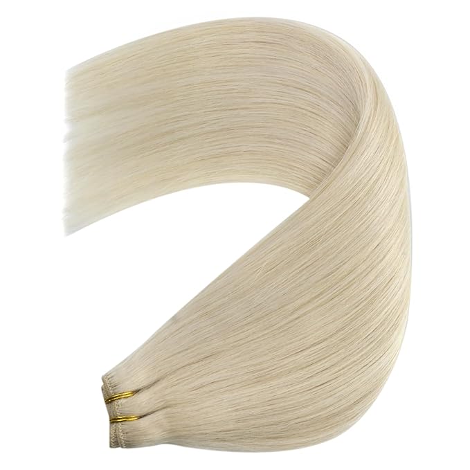 YoungSee Sew in Hair Extensions Real Human Hair Blonde Hair Extensions Weft Platinum Blonde Soft and Smooth Sew in Bundles Human Hair 18Inch 100G