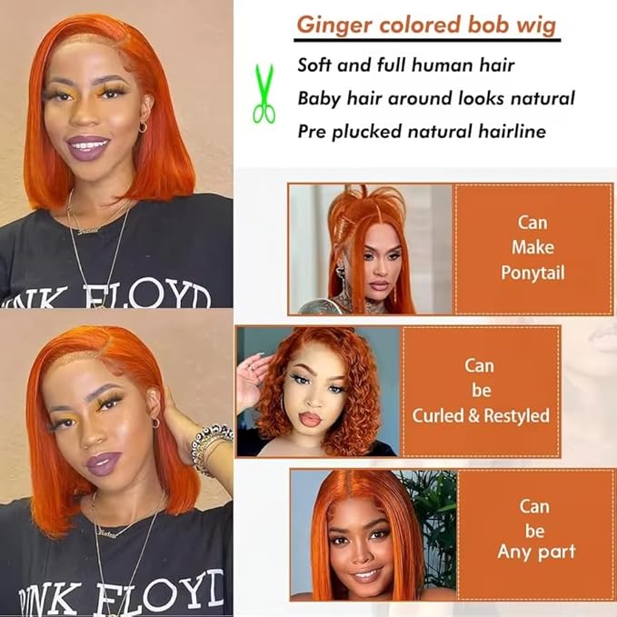 250% Density Ginger Bob Lace Front Wig Human Hair 13x4 Orange HD Lace Closure Human Hair Wig Pre Plucked with Baby Hair Short Ginger Straight Bob Colored Wig for Women 12 Inch