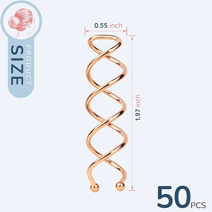 FANDAMEI 50PCS Spiral Hair Pins, Spin Pins Spiral Bobby Pins for Girls, Women and Kids, Non-Scratch Round Clip & Bun Twist, Stylish Bun Bobby Pins, Premium Spin Pins for Hair, Rose Gold