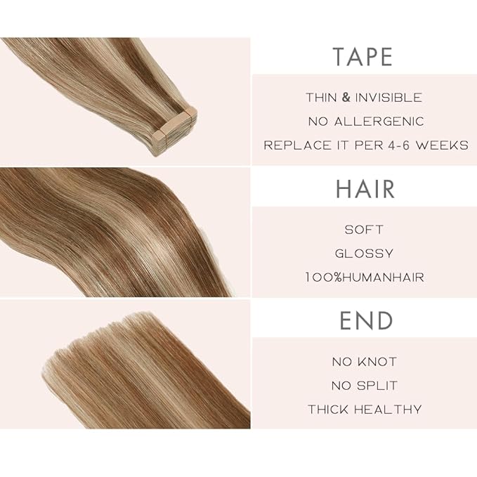 Tape in Hair Extensions Human Hair, Straight Seamless Tape in for Women 20pcs 18inch Invisible Chestnut Brown to Blonde Highlight (P6/613#,18 Inch)