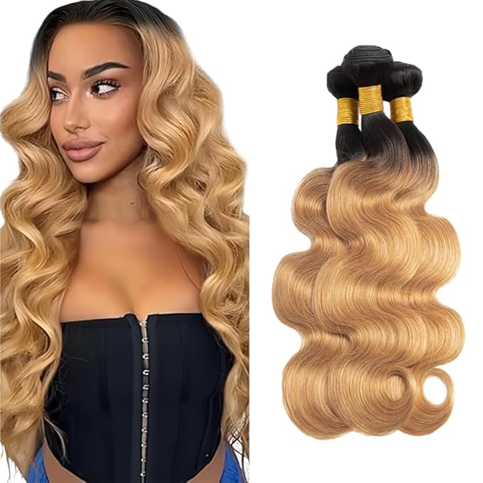 30 32 34 Inch Honey Blonde Bundles Human Hair 1B27 Body Wave Bundle Niegmeag Virgin Remy Hair Extensions Double Weft 2 Tone Black and Blonde Bundle Hair Weave