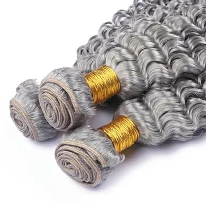 28 30 32 Inch Light Grey Bundles Human Hair Grey Deep Wave Bundles Double Weft Virgin Remy Silver Bundle Hair Weave Pure Grey Color