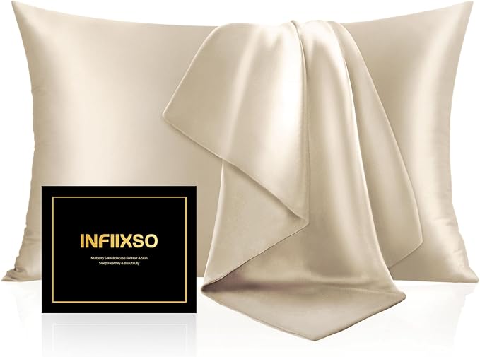INFIIXSO Silk Pillow Cases 2 Pack Standard Size, Ultra Smooth & Soft Mulberry Silk Pillow Case for Hair and Skin, Breathable Cooling Silk Pillowcase with Hidden Zipper (Beige, 20x26 Inches)