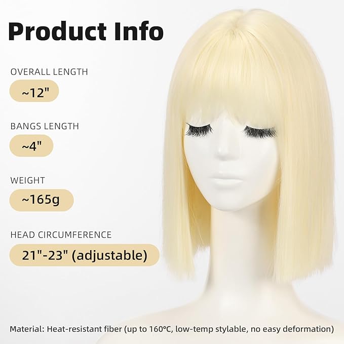 Allbell Platinum Wigs for Women Short Bob with Bangs Heat Resistant Synthetic Hair 12 inch for Daily Party Halloween Costume Use