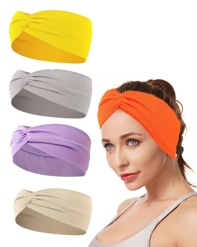 10 Pcs Wide Absorbent Sport Headbands for Women, Non-slip, Stretchy, Soft Cotton Twist Knotted Hair Bands for Daily Workout Yoga Running Sports, BD
