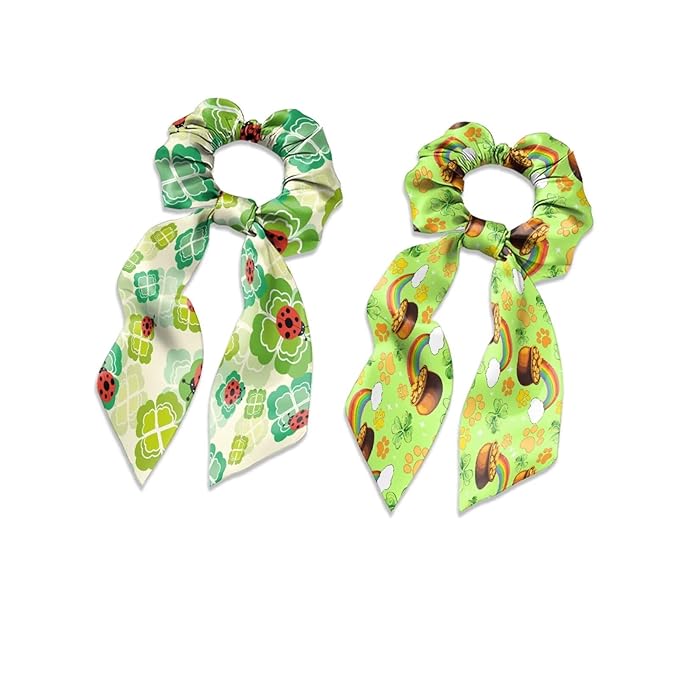 Ladybug Green Leaf Satin Hair Ties for Thin Hair Rainbow Pot of God Ribbon Hair Elastics for Girls 2 Piece St Patricks Day Scarf Scrunchies