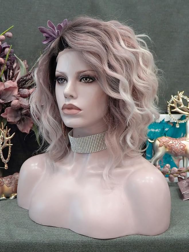 IMSTYLE White Pink Brown Ombre Blonde Lace Front Wigs Short Bob Wavy Wigs Synthetic Hair Wig Free Part with Natural Hairline Shoulder Length for Women (White Brown Ombre Blonde)