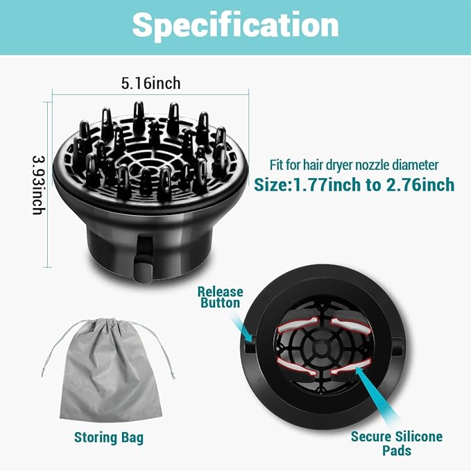 KAHEM Universal Hair Diffuser, Adjustable from 1.77 Inch to 2.76 Inch, Hair Dryer Diffuser Attachment for Frizz-free curly hair,Professional Blow Dryer Diffuser