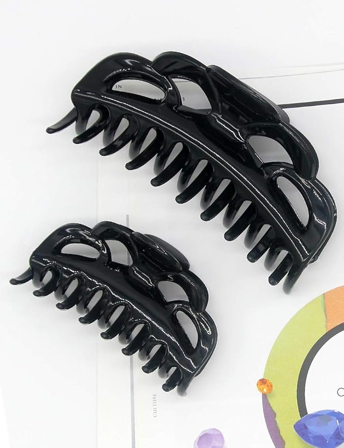 Solid Black Claw Clips for Women Large and Medium Size Neutral Butterfly Hair Clips Basic Non-Slip Hair Styling Accessories 2pcs in Set(Arc-Black)