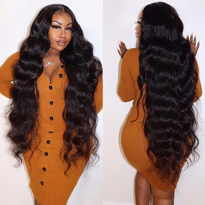 34 Inch 13x6 HD Body Wave Lace Front Wigs Human Hair Pre Plucked 200 Density Brazilian Virgin Human Hair Wigs for Women Glueless Lace Frontal Wig Natural Black Body Wave Wig