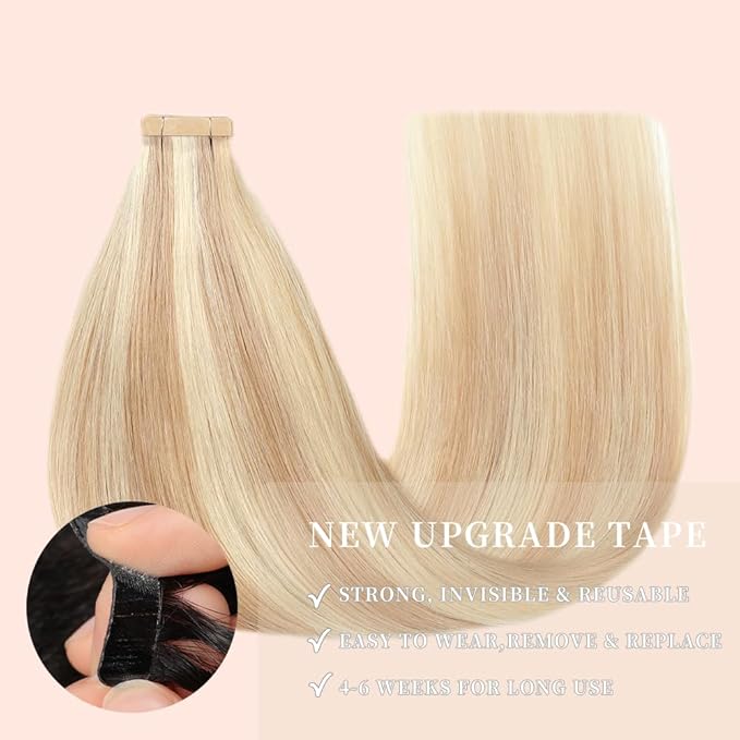 Tape in Hair Extensions Straight Double Sided Remy Invisible Hair Extensions Human Hair Tape in Extensions Ash Blonde Highlighted Bleach Blonde 24 Inch 20pcs (P18K/60#,24 Inch)
