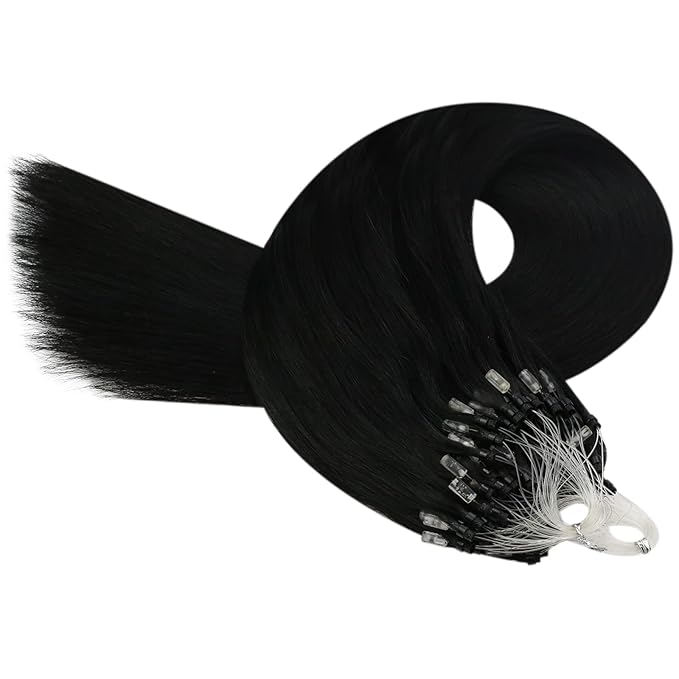 YoungSee Micro Bead Hair Extensions Real Human Hair Black Microlink Hair Extensions Human Hair Jet Black Microbead Hair Extension 16 Inch 50s/50g Micro Ring Hair Extensios #1 for Wedding