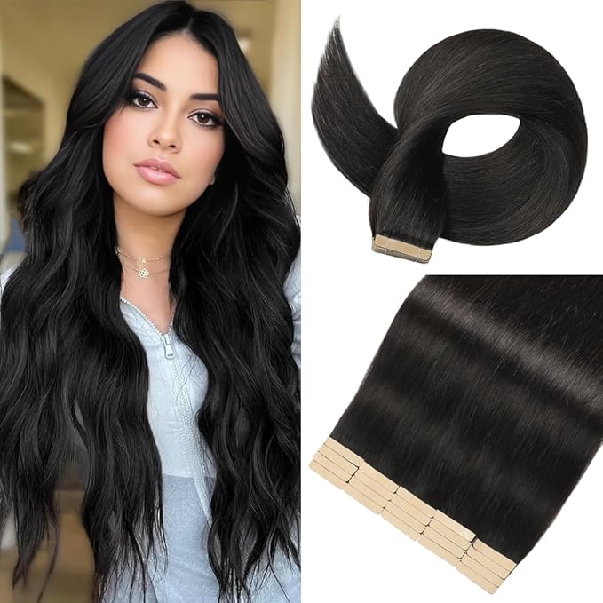 Tape in Hair Extensions Human Hair,14 Inch Human Hair Tape in Extensions 20Pcs Natural Black Tape Ins Human Hair Extensions for Women Seamless Tape in Hair Extensions Real Human Hair