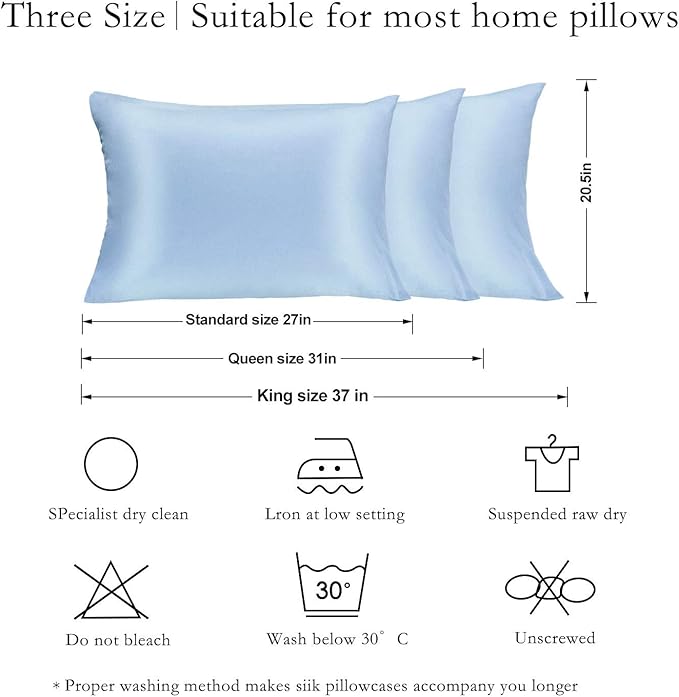 Silk Pillowcase for Hair and Skin 2 Pack 100% Mulberry Silk Bed Pillowcase Hypoallergenic Soft Breathable Both Sides Silk Pillow Case with Hidden Zipper, Pillow Cases (Queen, Blue)