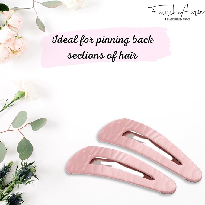 French Amie Clic Clac Large Handmade Celluloid Acetate Set of 2 Snap Hair Clips No Slip Side Slide-in Barrette for Women and Girls (Pearl Pink)