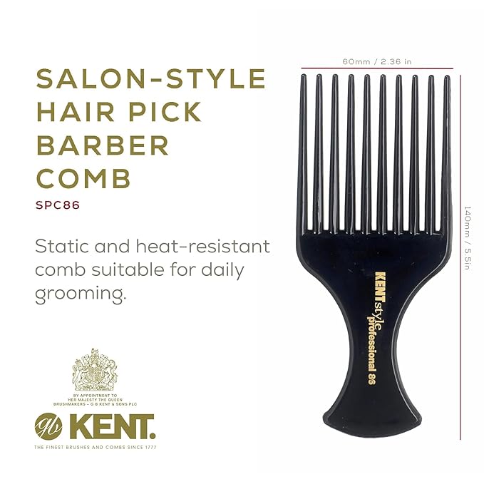 Kent SPC86 Black Salon-Style Professional Pick and Barber Comb - Afro Parting Comb for the Care of Curly and Thick Hair - Sleek style comb,Anti-Fatigue with a Rubberized Professional Finish