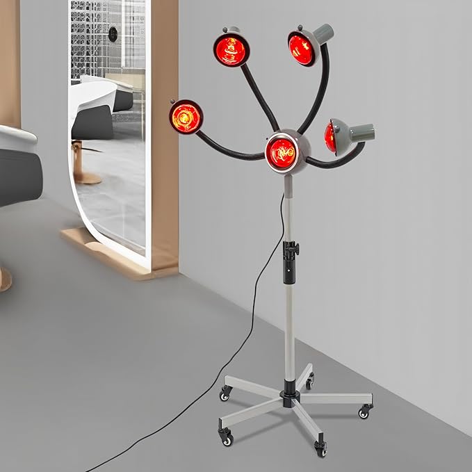 5 Head Infrared Light Heat Therapy Red Lamp, Salon Hair Steamer Perming Dyeing Adjustable Height Machine with Rolling Wheels, Infrared Dryer Hair Drying Care, Standing Infrared Heater