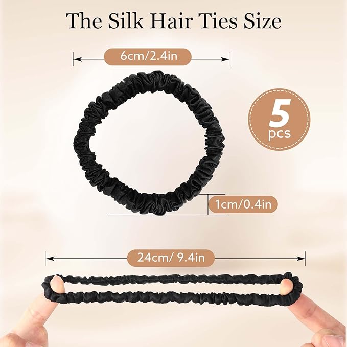 5 Pcs Silk Hair Ties, 100% Pure Mulberry Silk Hair Scrunchies Black Skinny Scrunchies Ponytail Holders Stocking Stuffers Gifts for Women Girls