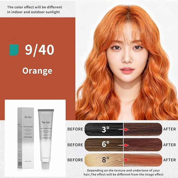 PureStyle 100ml Professional Permanent Hair Color Dye Cream Ammonia Free, Long Lasting Orange Brown Color, 100% Gray Coverage, Natural Shine, For All Hair Types Easy At Home Application